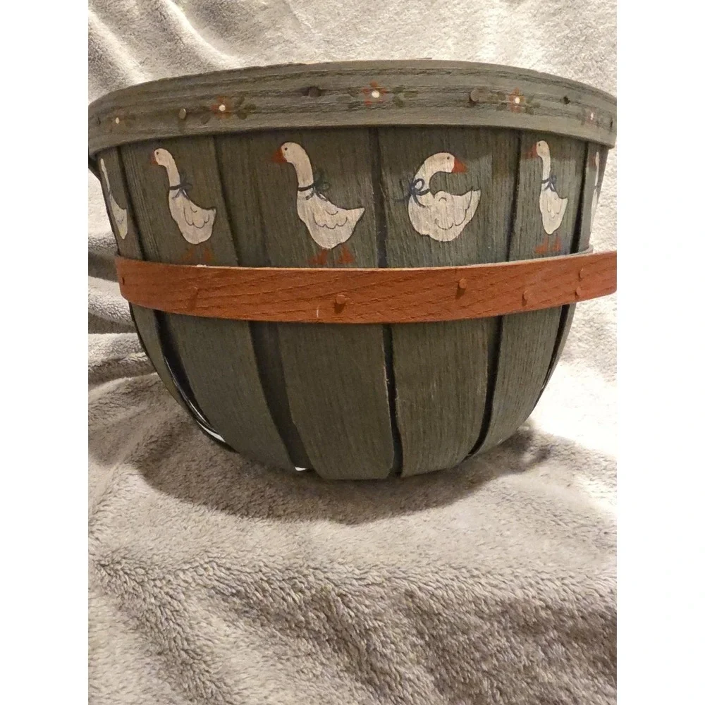 Vintage 1985 Hand Painted Bushel Basket Country Blue Geese Flowers 12x9